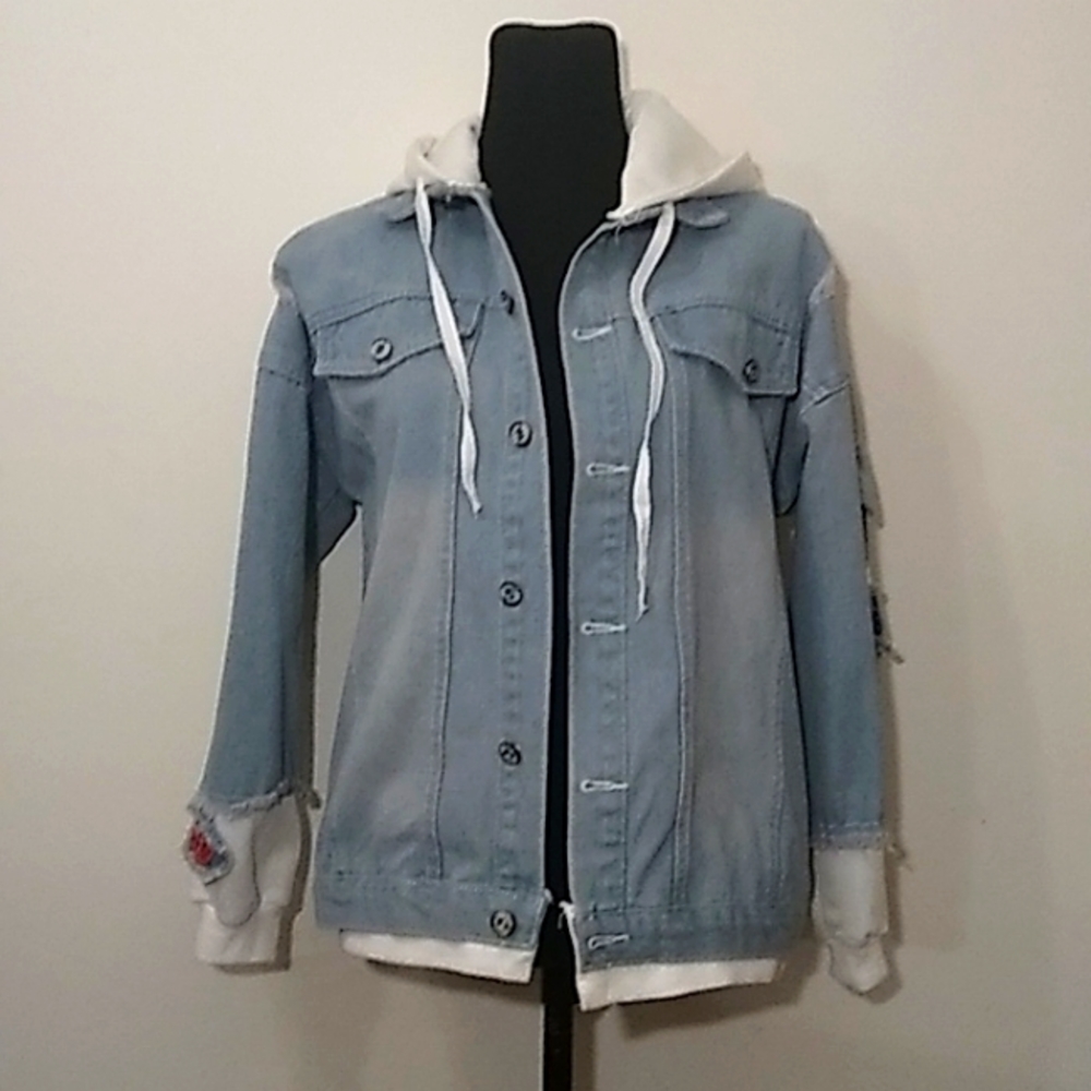 Blue and White Distressed Denim Jacket